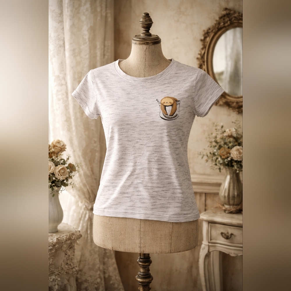 Heathered White Sloth Pocket Graphic Tee | Soft Casual Minimalist Top | XS Fit
